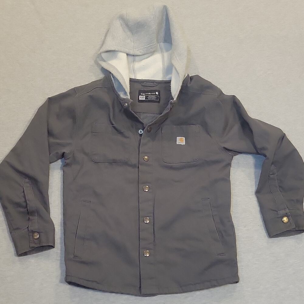 Carhartt Boys Gray Hooded Fleece Lined Chore Jacket Snap Front Size M 10-12